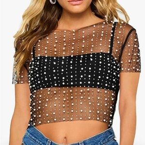 Pearl Rhinestone Black Mesh Crop Top Large